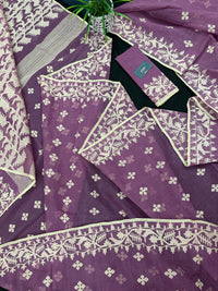 Onion cotton jamdani saree with yellowish threads work all over work.