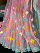 Pink jamdani saree with blue yellow white orange threads work