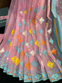 Pink jamdani saree with blue yellow white orange threads work
