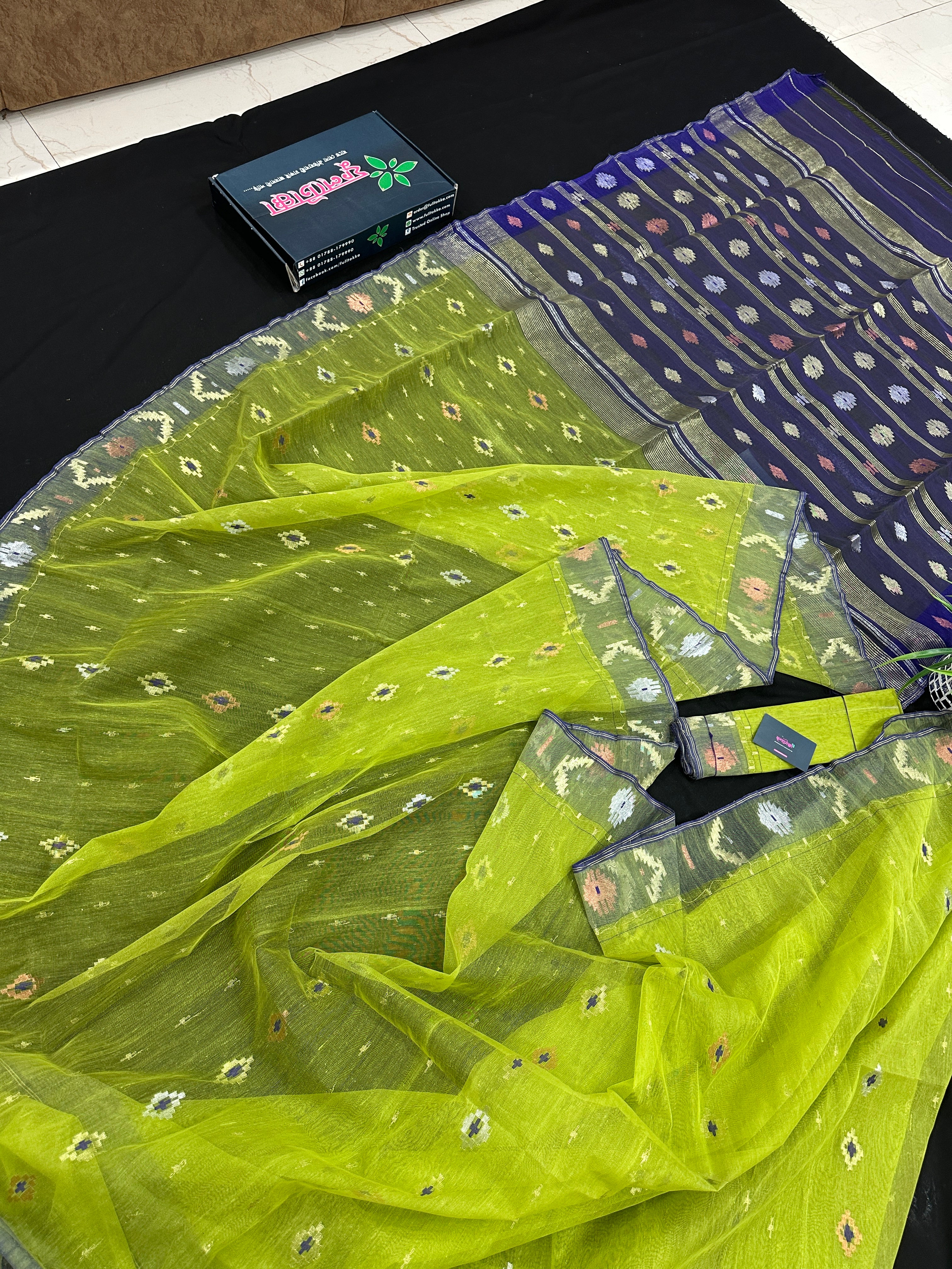 Olive halfsilk jamdani saree with golden silver & copper jori work and blue contrast paar