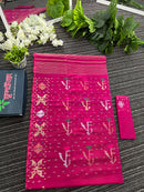 Magenta halfsilk jamdani saree with golden silver & copper jori work aslo green pink threads work