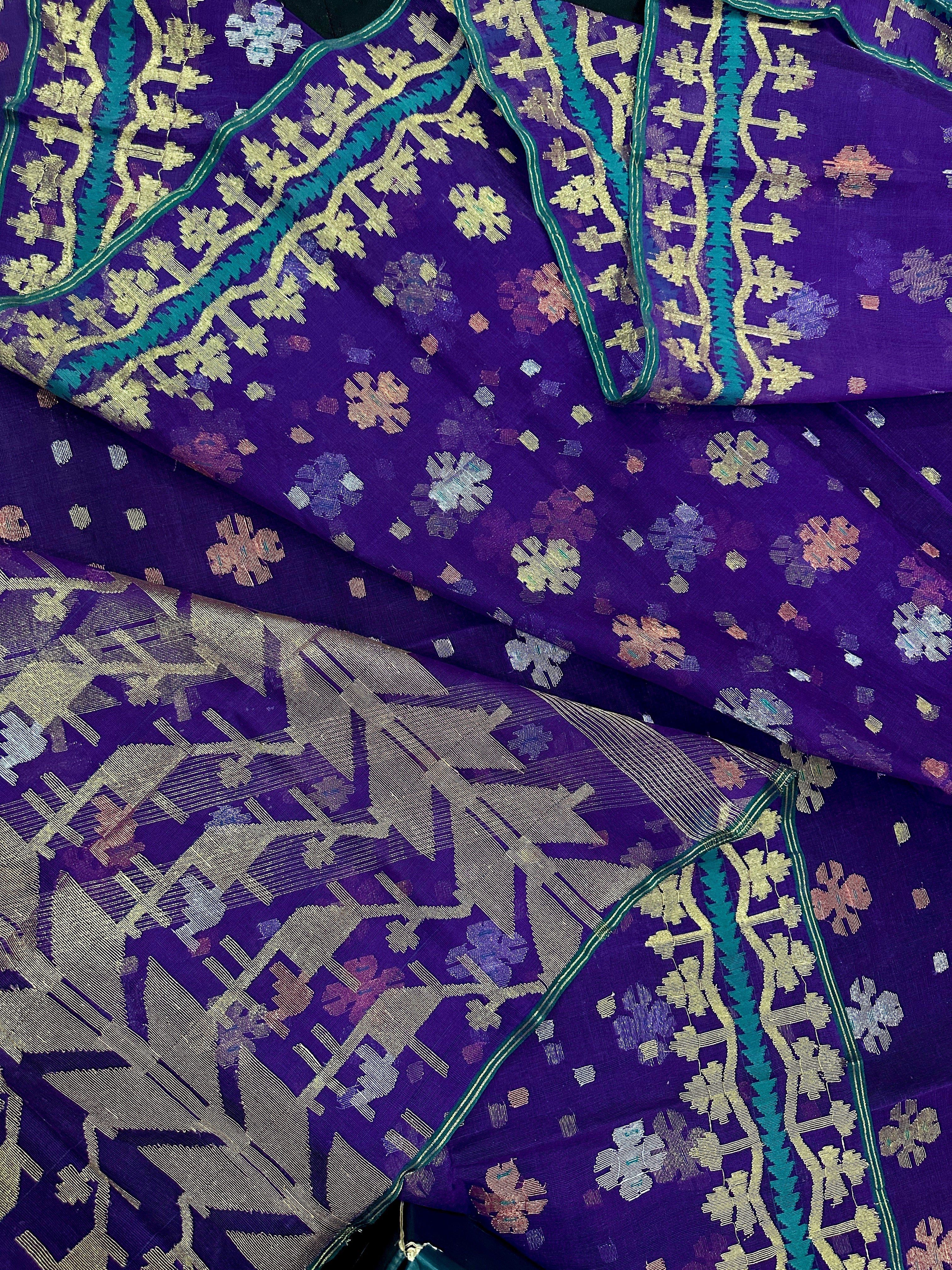 Violate purple jamdani saree all over golden silver and copper jori work.