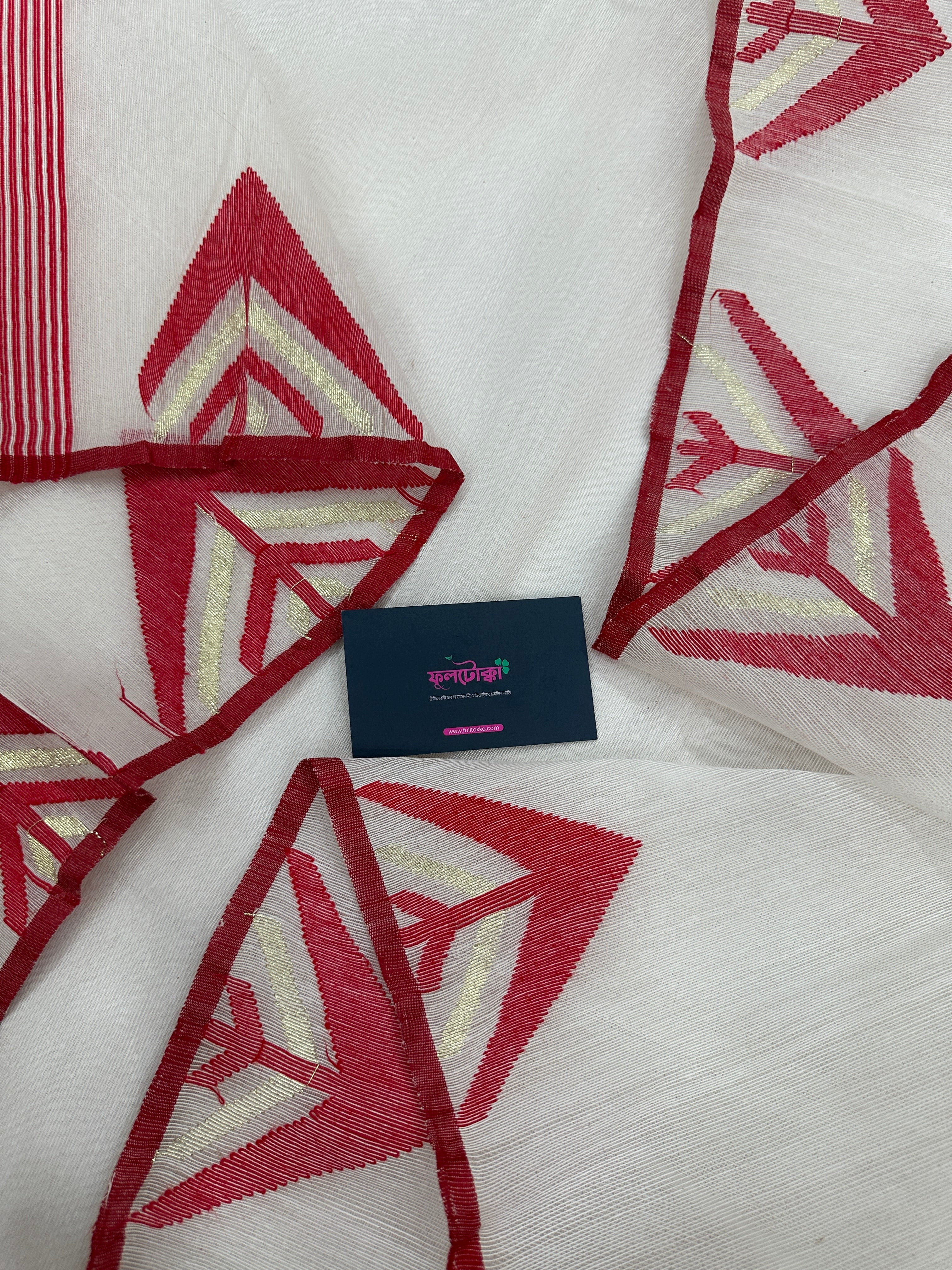 White Jamdani Saree With Red Paar.
