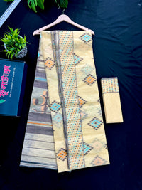 Beige Golden halfsilk jamdani saree with black orange blue threads work