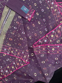 Deep bitrut dual toned jamdani saree with golden silver & copper jori work.