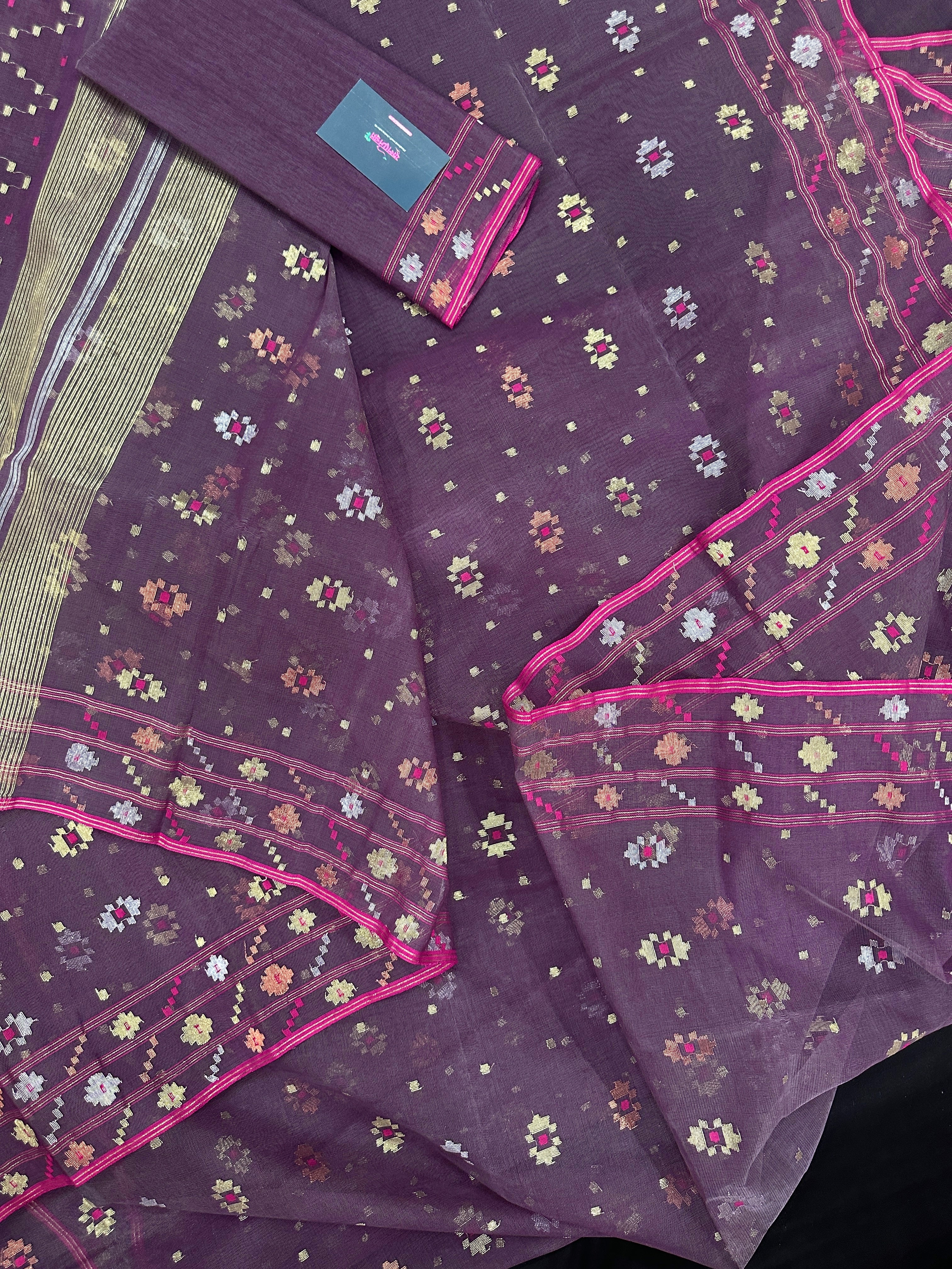 Deep bitrut dual toned jamdani saree with golden silver & copper jori work.