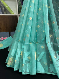 Sky blue halfsilk jamdani saree with golden jori work and self threads work