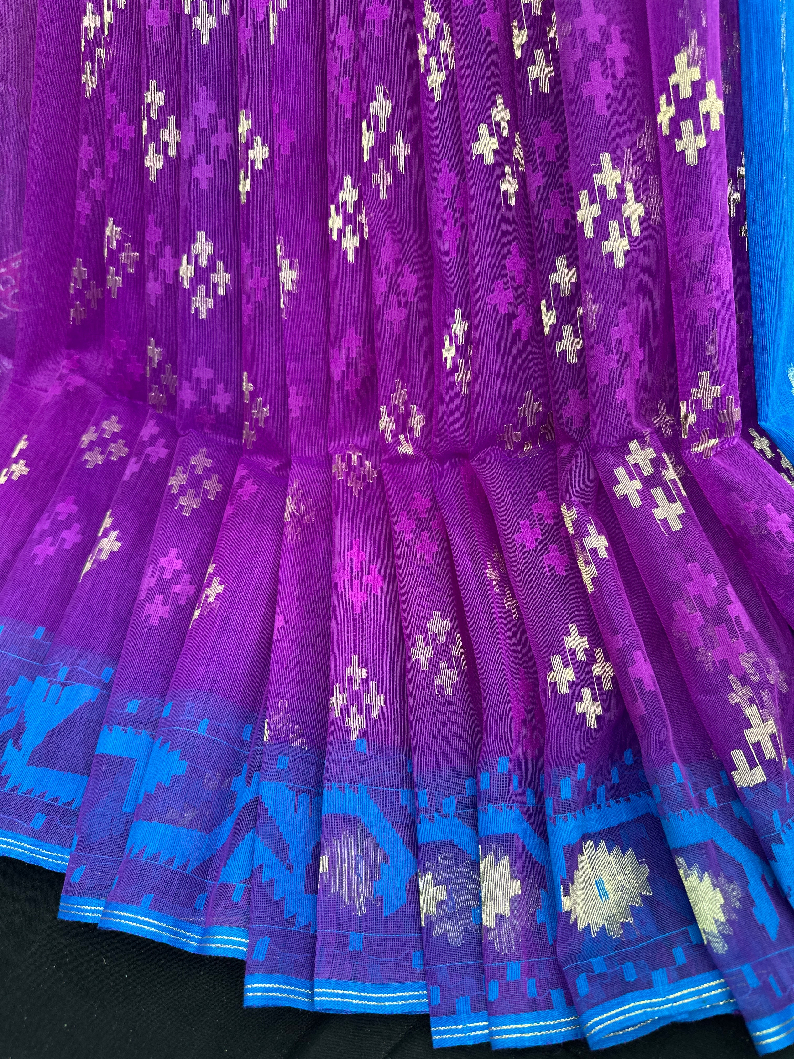 Purple halfsilk jamdani saree with golden jori work and contrast blue paar