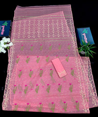 Rosy pink dhakai jamdani saree with golden jori work green thread work and pink flower soft count