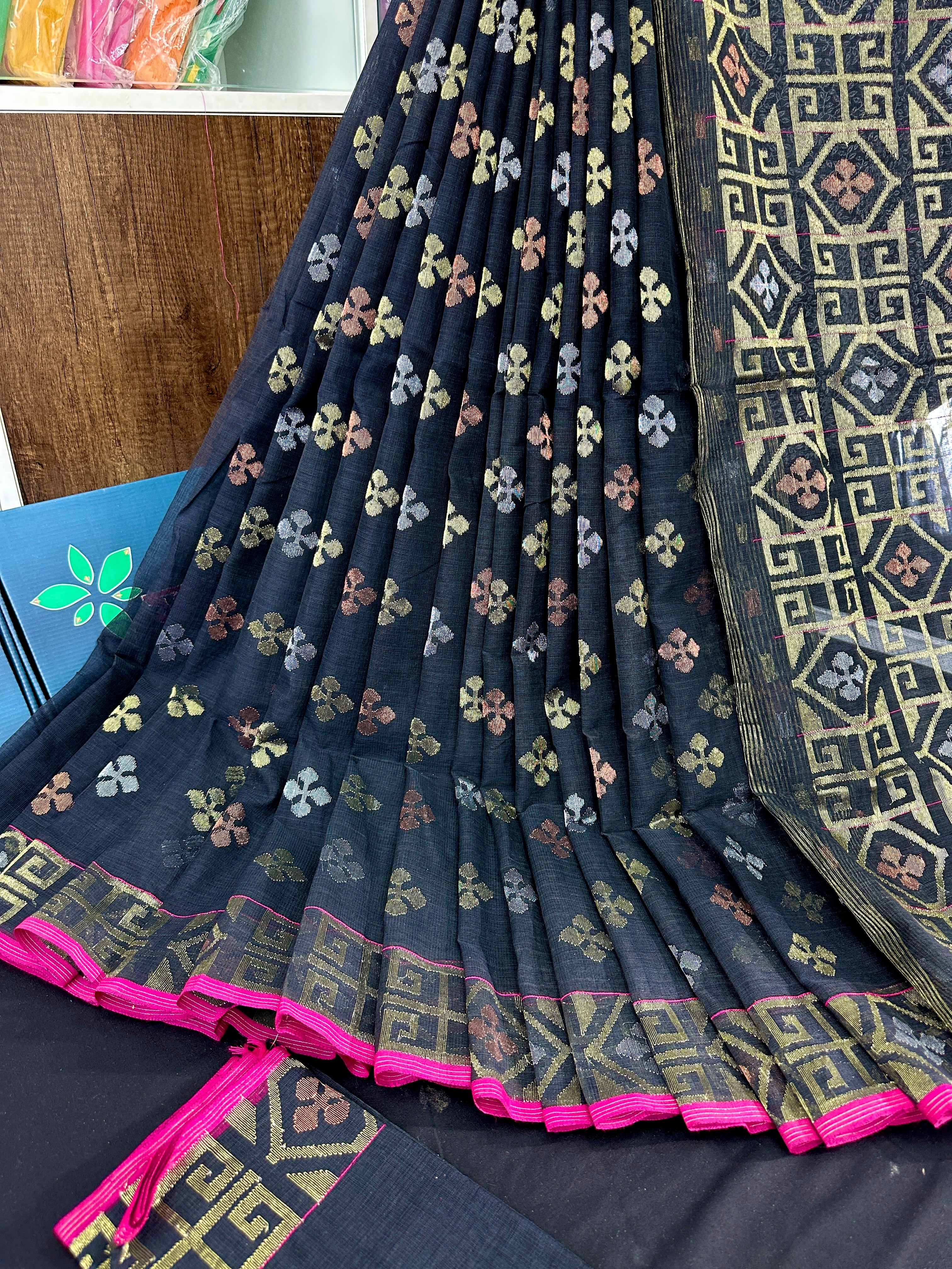 Black jamdani saree with golden silver and copper jori work and pink border