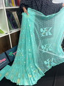 Sky blue halfsilk jamdani saree with golden jori work and self threads work
