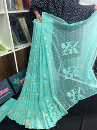 Sky blue halfsilk jamdani saree with golden jori work and self threads work