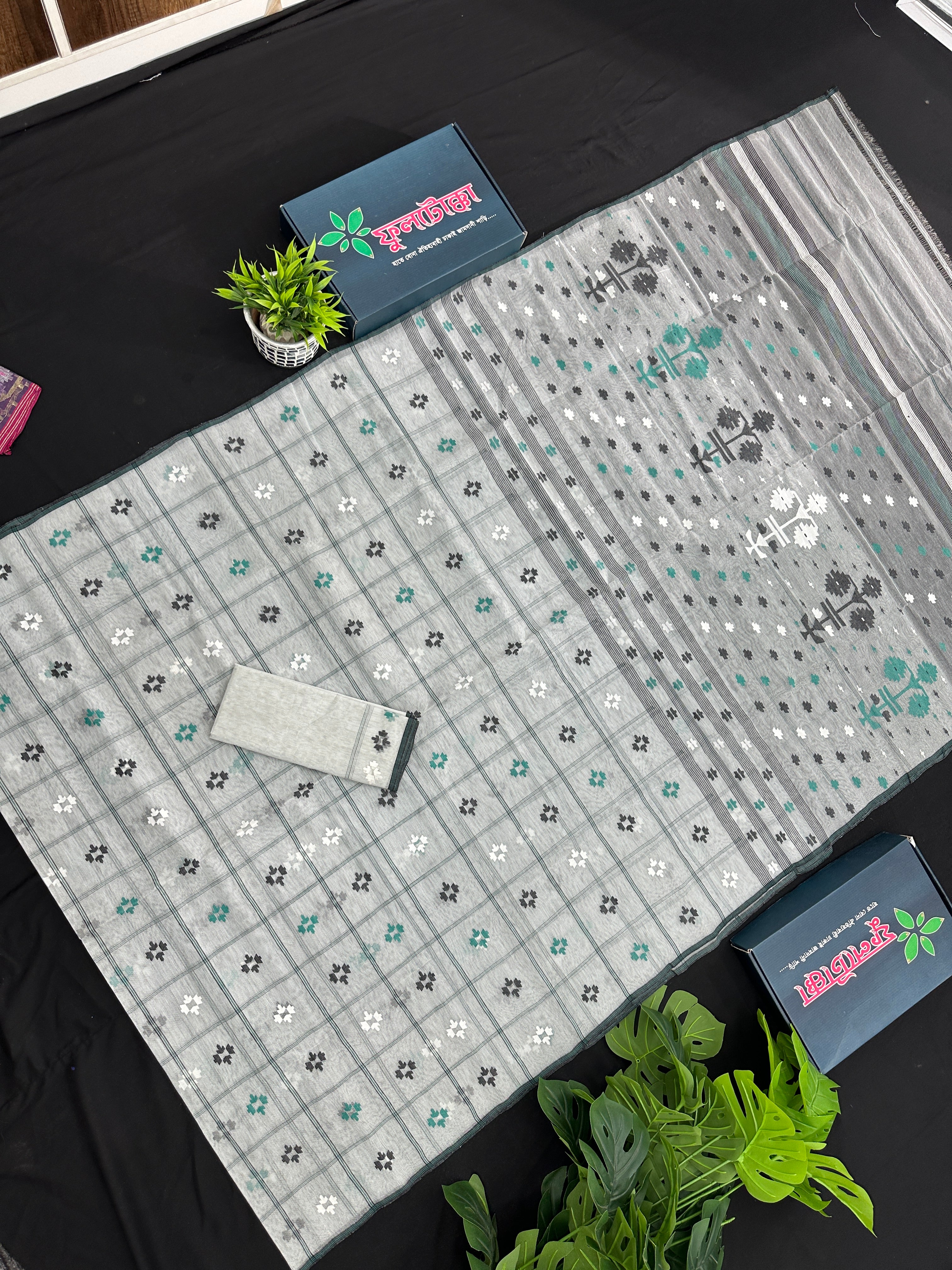 White cotton jamdani saree white black green threads work