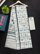 White cotton jamdani saree white black green threads work