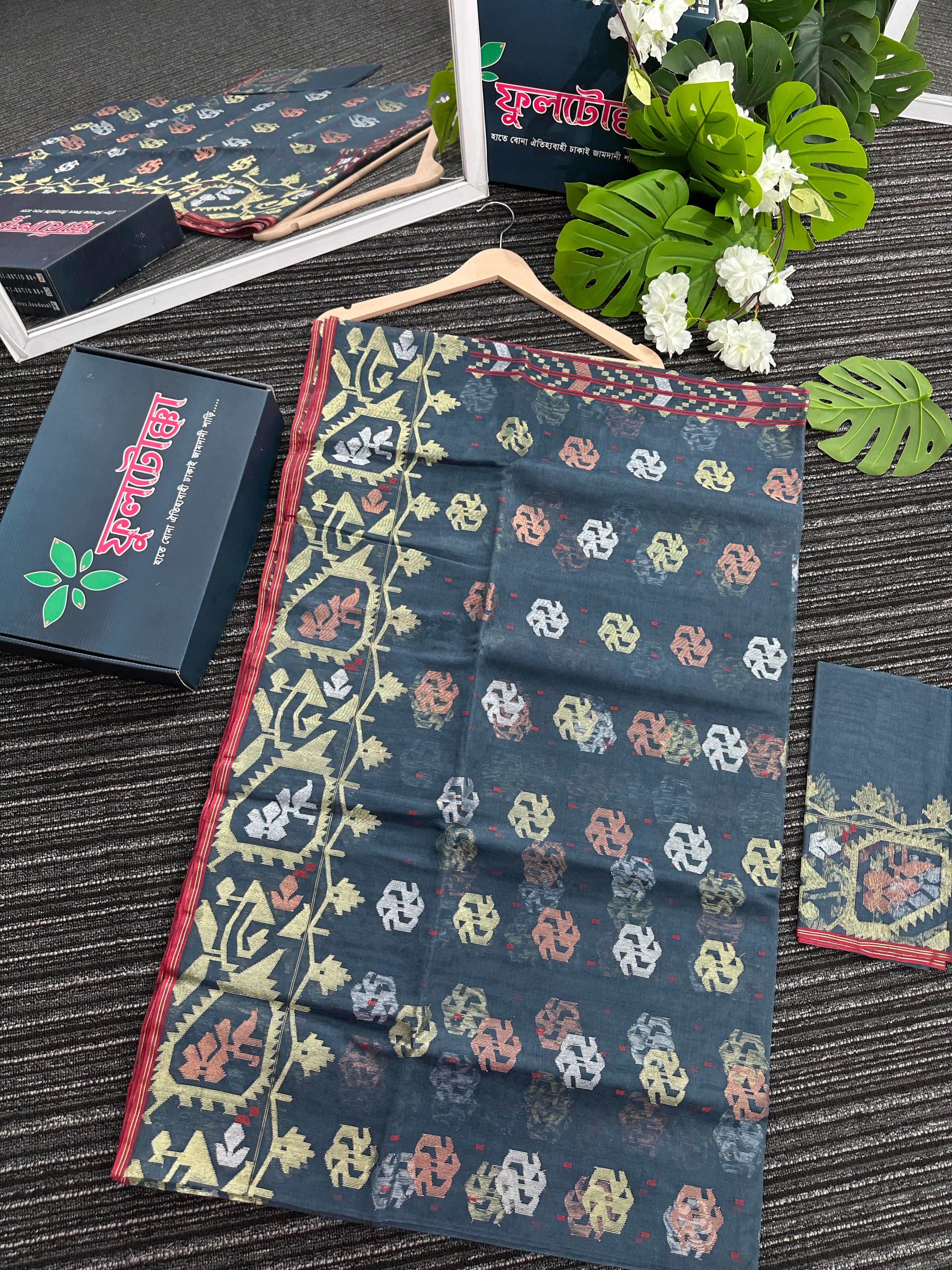 Ash blue exclusive halfsilk jamdani saree with golden silver & copper jori work