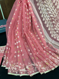 Pink cotton jamdani saree with white threads work and blouse piece