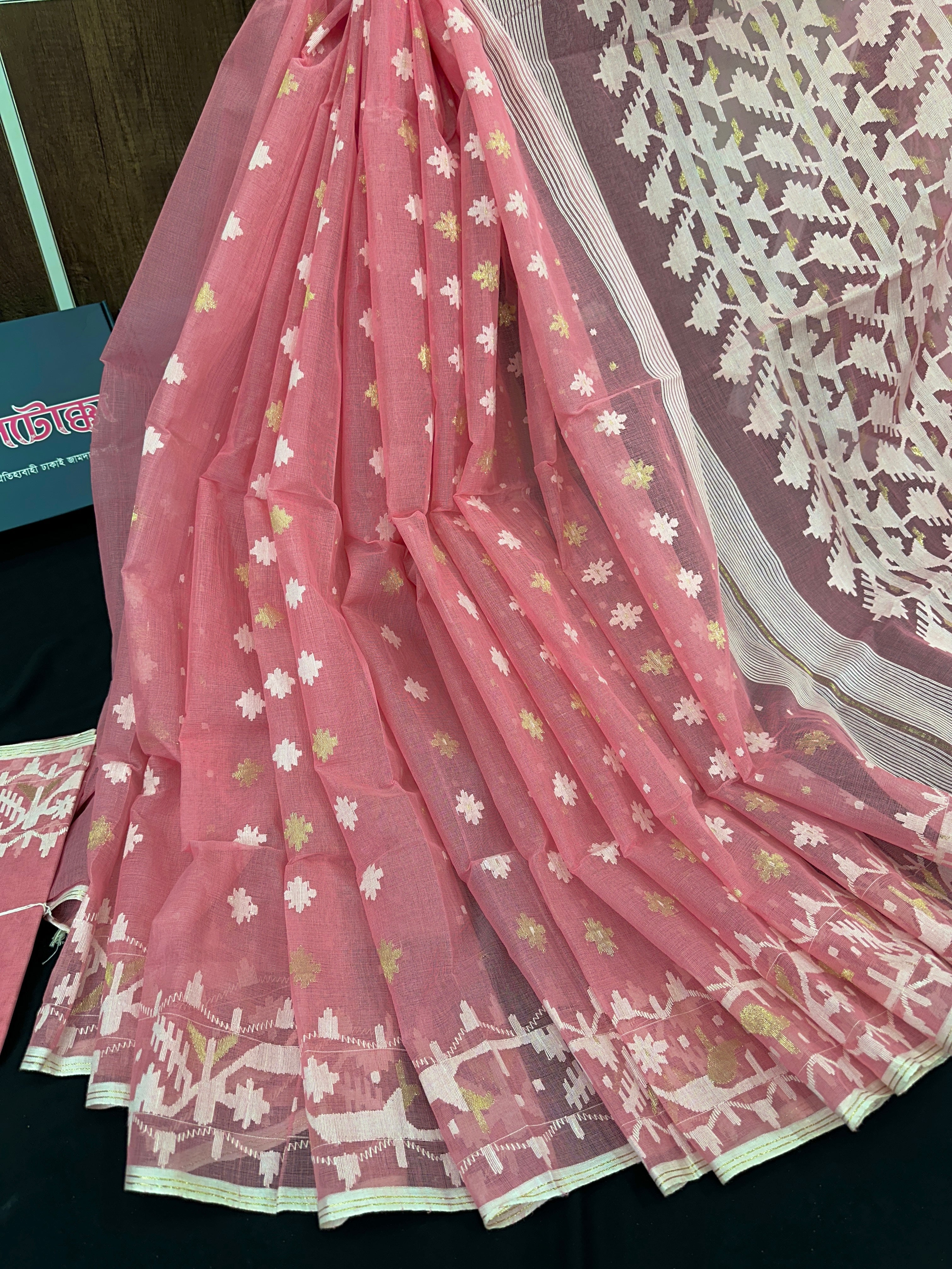 Pink cotton jamdani saree with white threads work and blouse piece