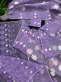 Lavender Jamdani Saree With White Pink Lavender Threads Work.