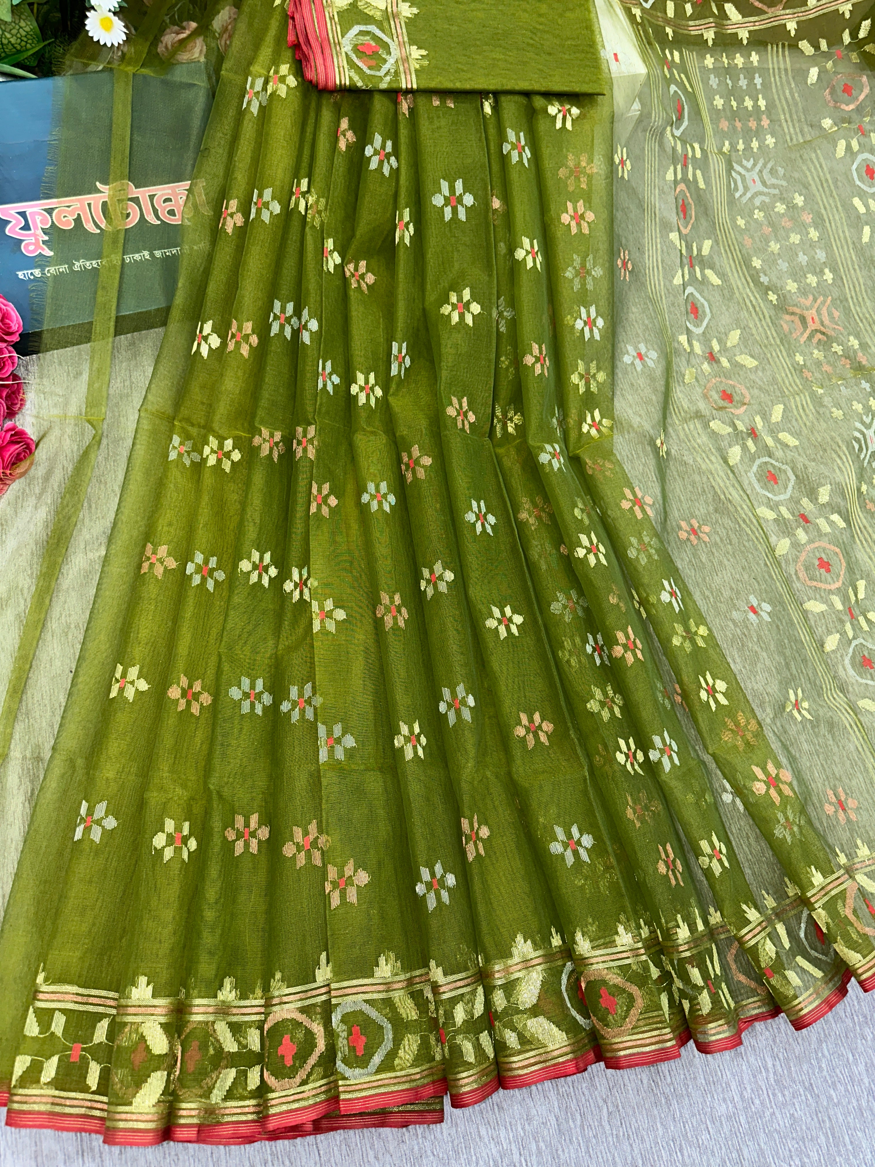 Olive green halfsilk handloom jamdani saree with golden silver & copper jori work