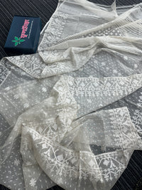 White exclusive halfsilk jamdani saree with white threads work and blouse piece