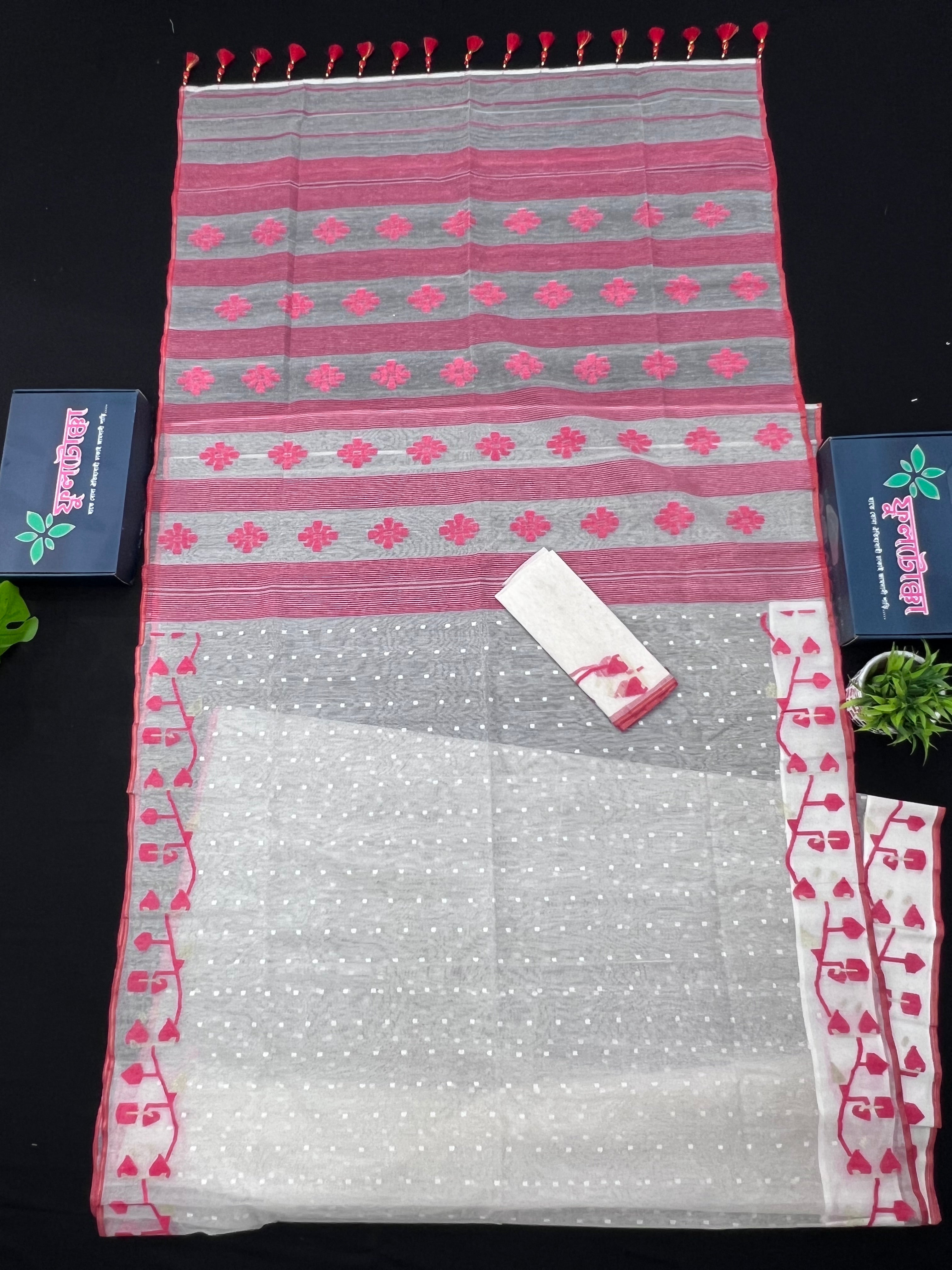 White & Red Original Handloom Cotton Dhakai Jamdani