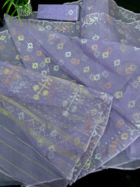 Lite lavender jamdani saree with golden silver copper jori work.