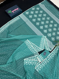 Mint cotton jamdani saree with white threads work all over work and blouse piece.