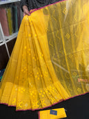 Yellow colour handloom halfsilk dhakai jamdani saree with pink border
