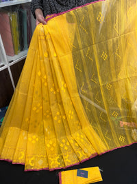 Yellow colour handloom halfsilk dhakai jamdani saree with pink border