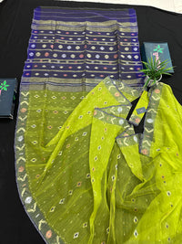 Olive halfsilk jamdani saree with golden silver & copper jori work and blue contrast paar