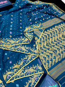 Peacock blue cotton jamdani saree with yellow threads work all over soft count