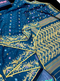 Peacock blue cotton jamdani saree with yellow threads work all over soft count