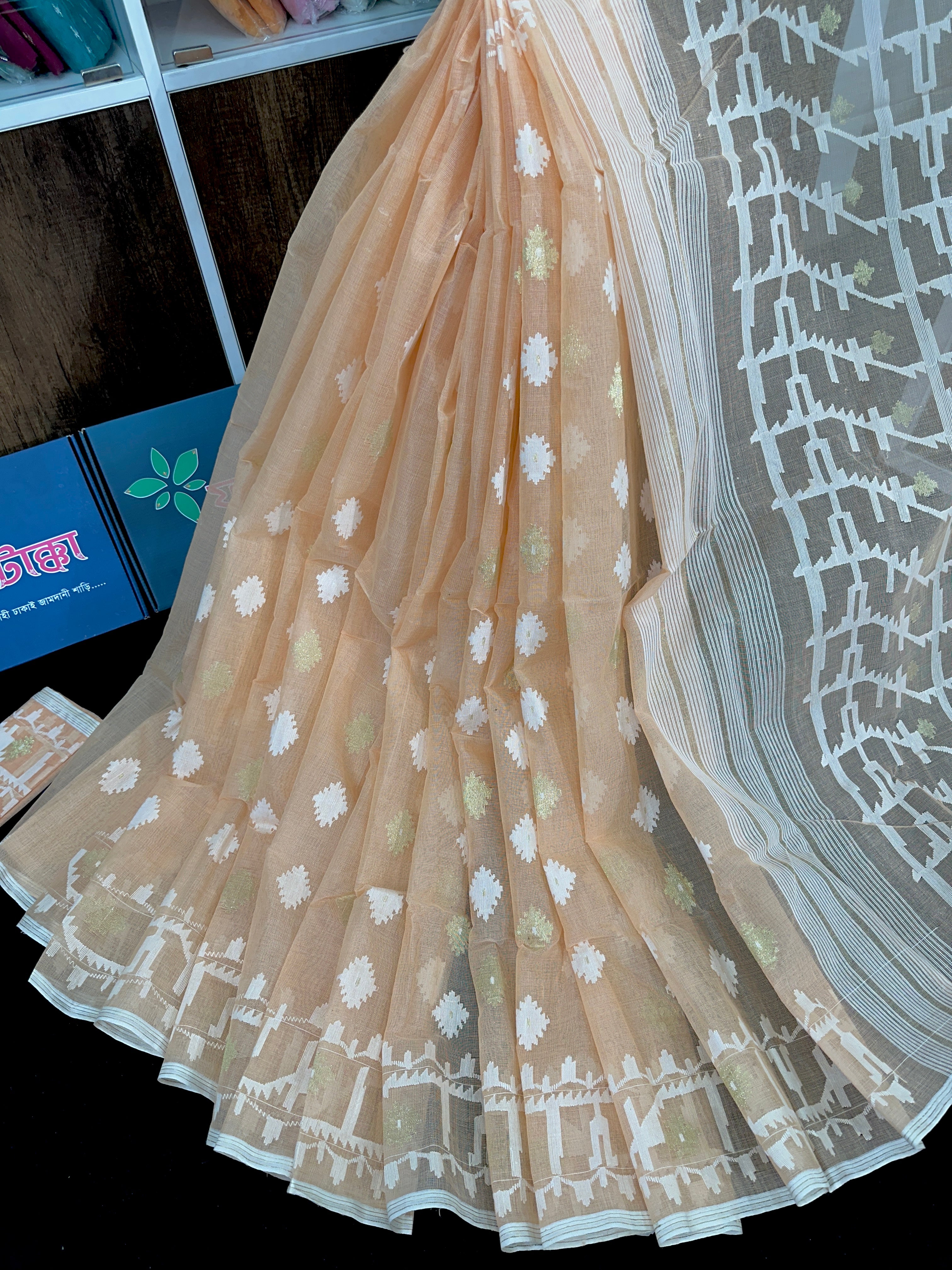 Pearl white cotton jamdani saree with white threads work & blouse piece