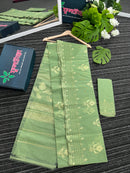 Mint halfsilk jamdani saree with golden jori work