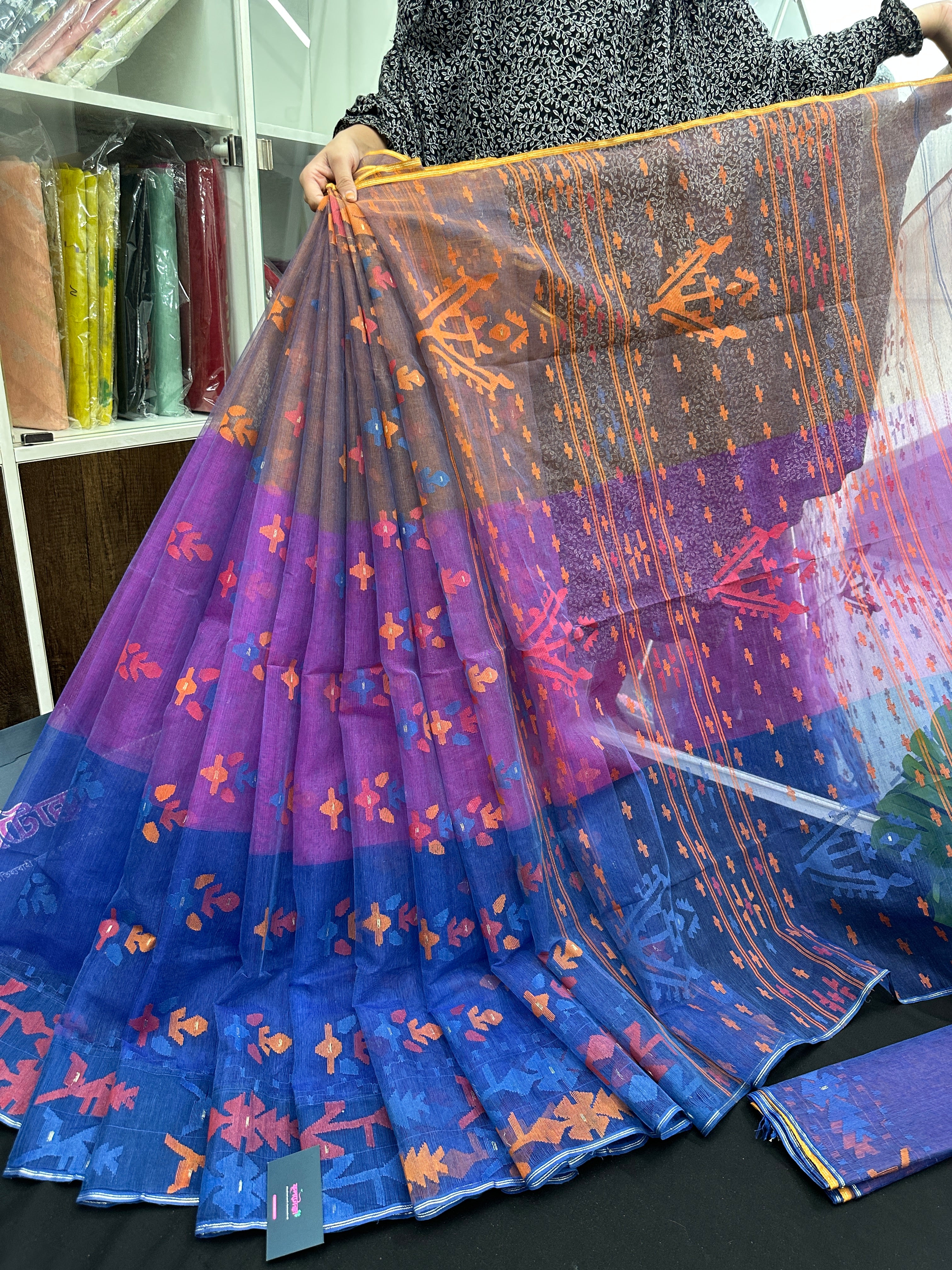 Tripple Shaded Original Handloom Halfsilk Dhakai Jamdani Saree With Multiple Threads Work