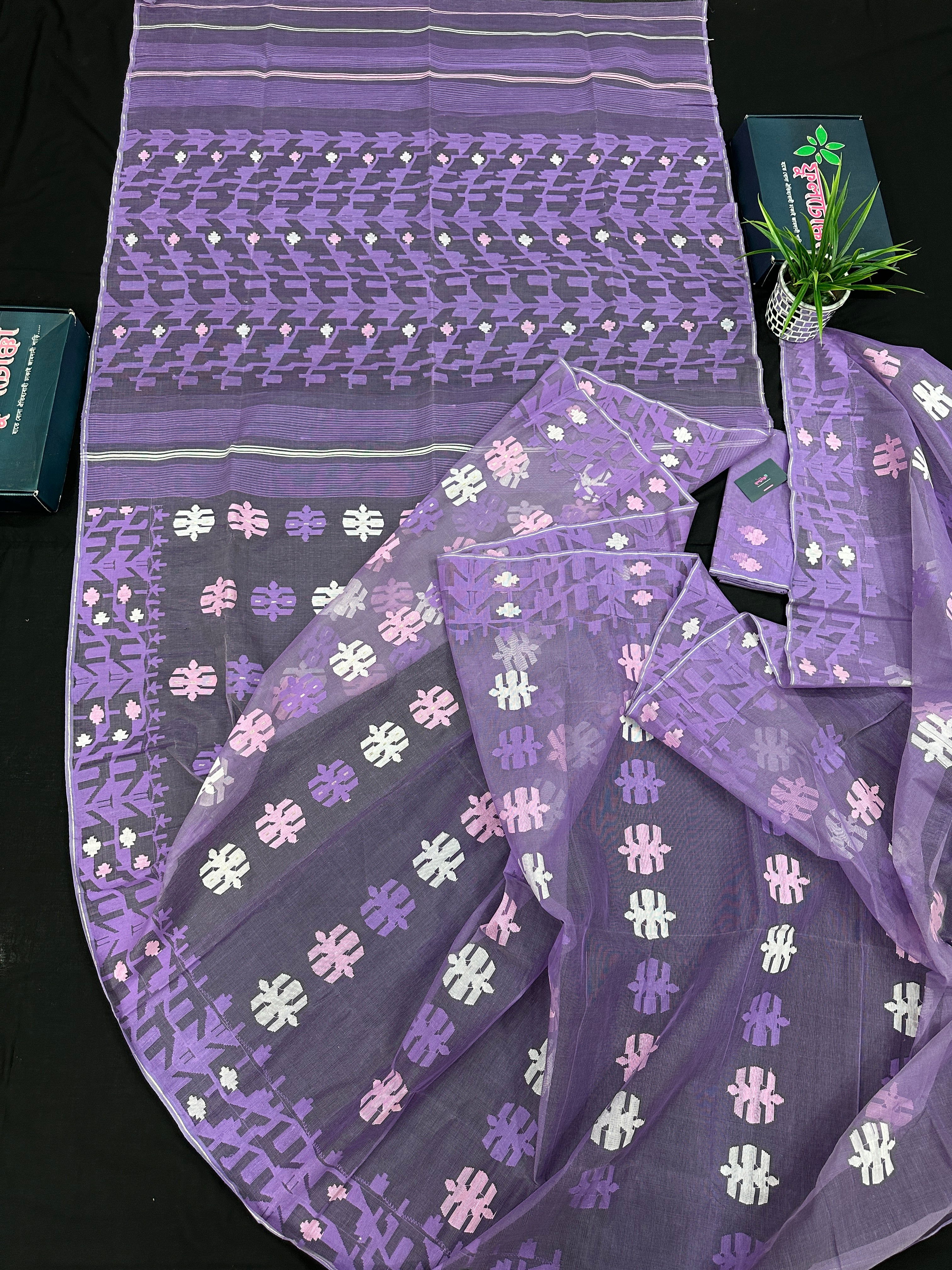Lavender Jamdani Saree With White Pink Lavender Threads Work.