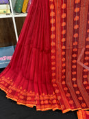 Red cotton jamdani saree with orange threads work