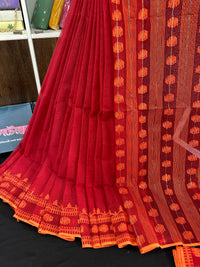 Red cotton jamdani saree with orange threads work