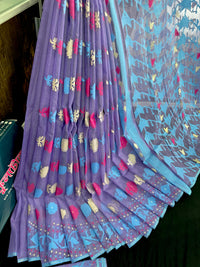 Orchid purple halfsilk jamdani saree with white pink blue threads work
