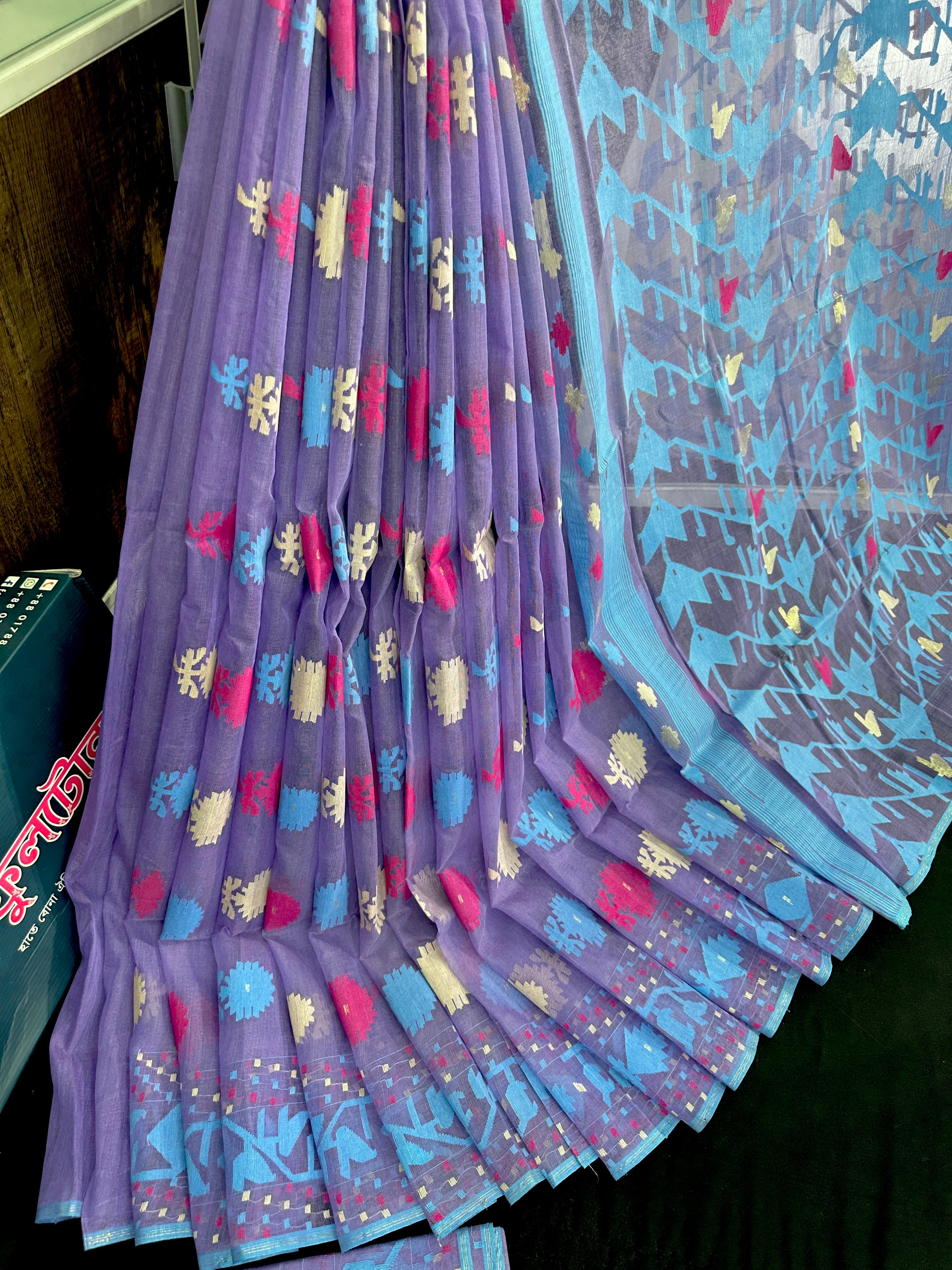Orchid purple halfsilk jamdani saree with white pink blue threads work