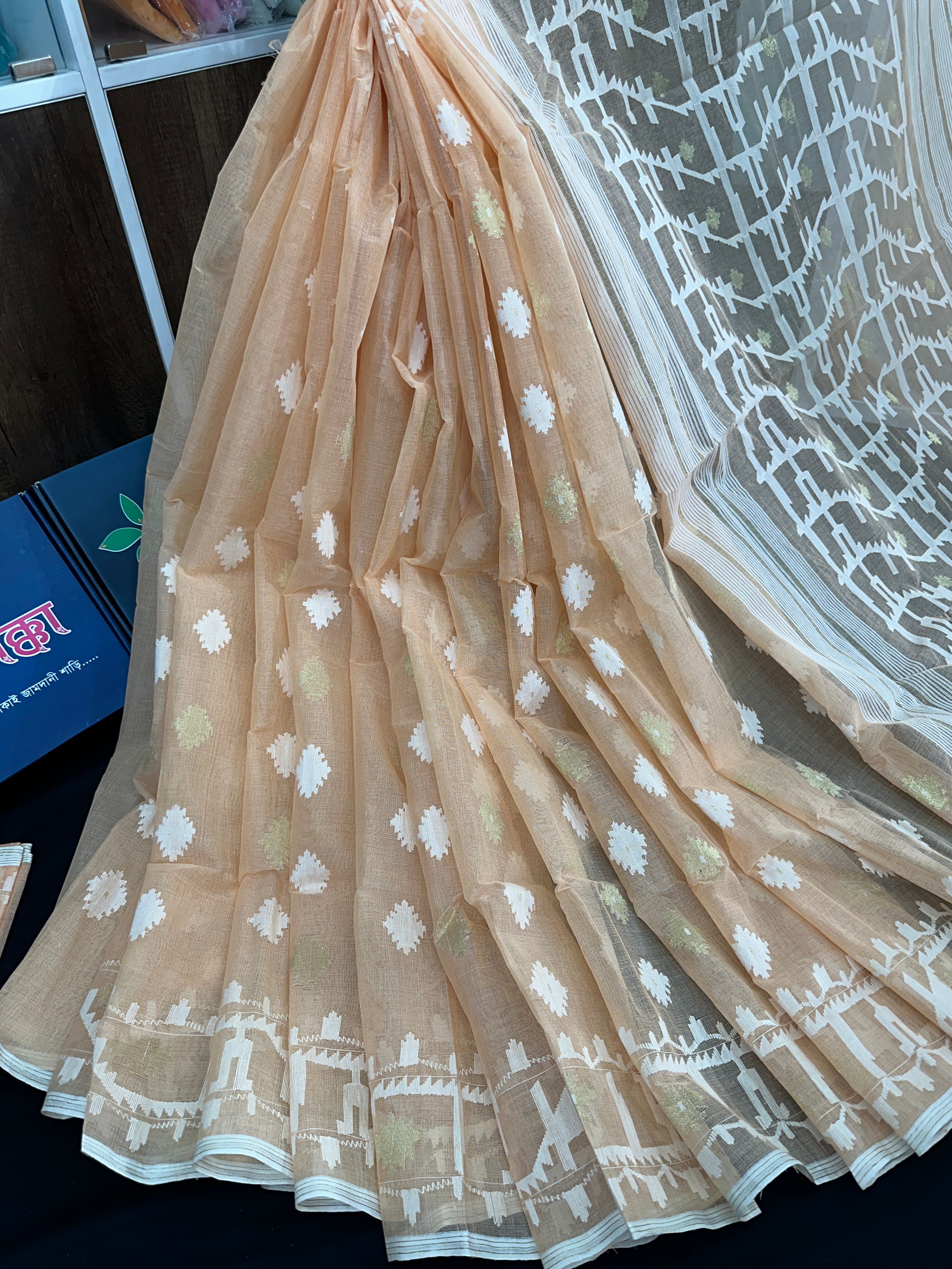 Pearl white cotton jamdani saree with white threads work & blouse piece