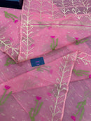 Rosy pink dhakai jamdani saree with golden jori work green thread work and pink flower soft count