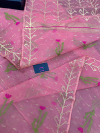 Rosy pink dhakai jamdani saree with golden jori work green thread work and pink flower soft count
