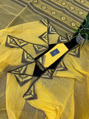 Yellow cotton jamdani sari with simple paar.