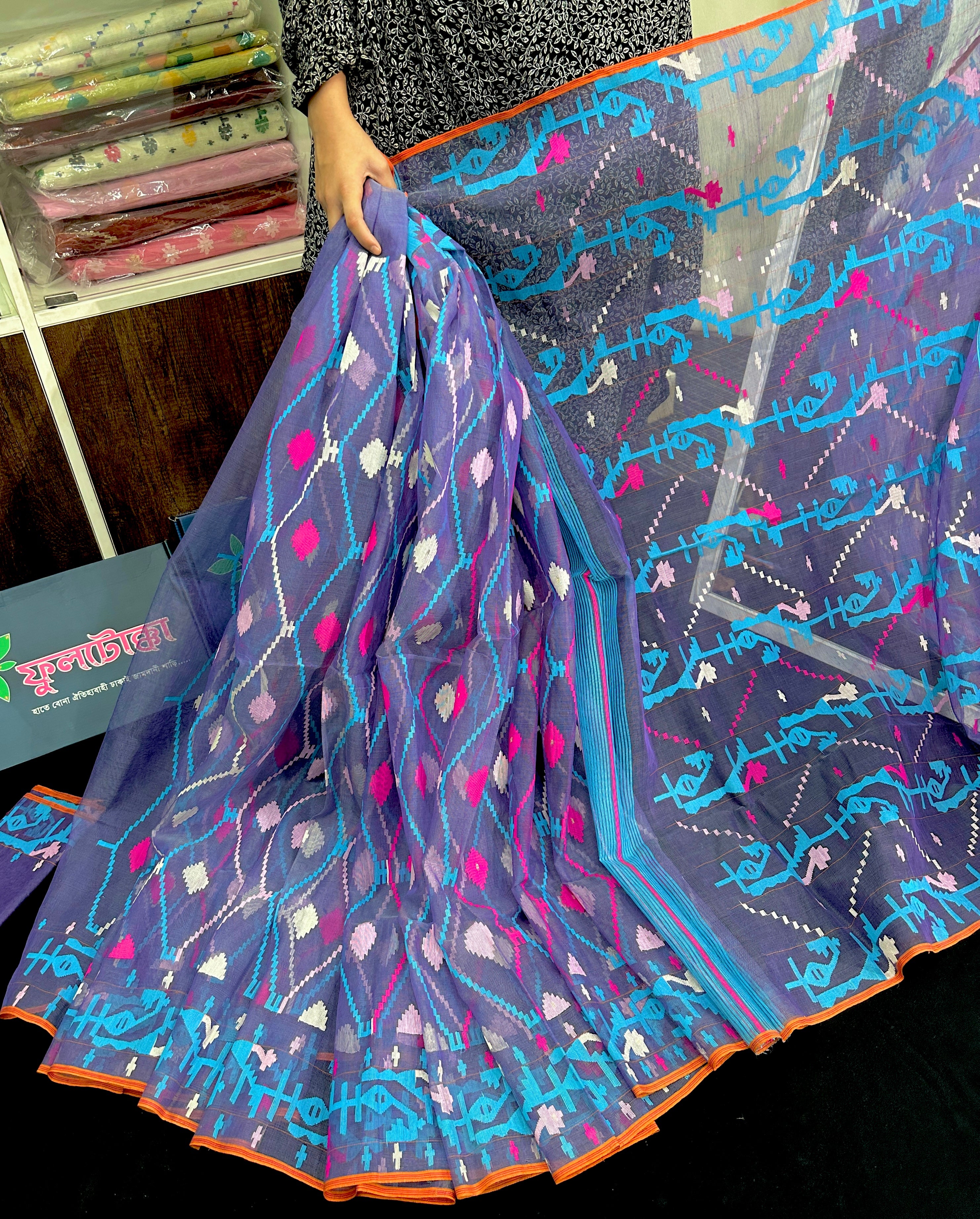 Dual toned purple halfsilk jamdani saree with white pink blue threads work
