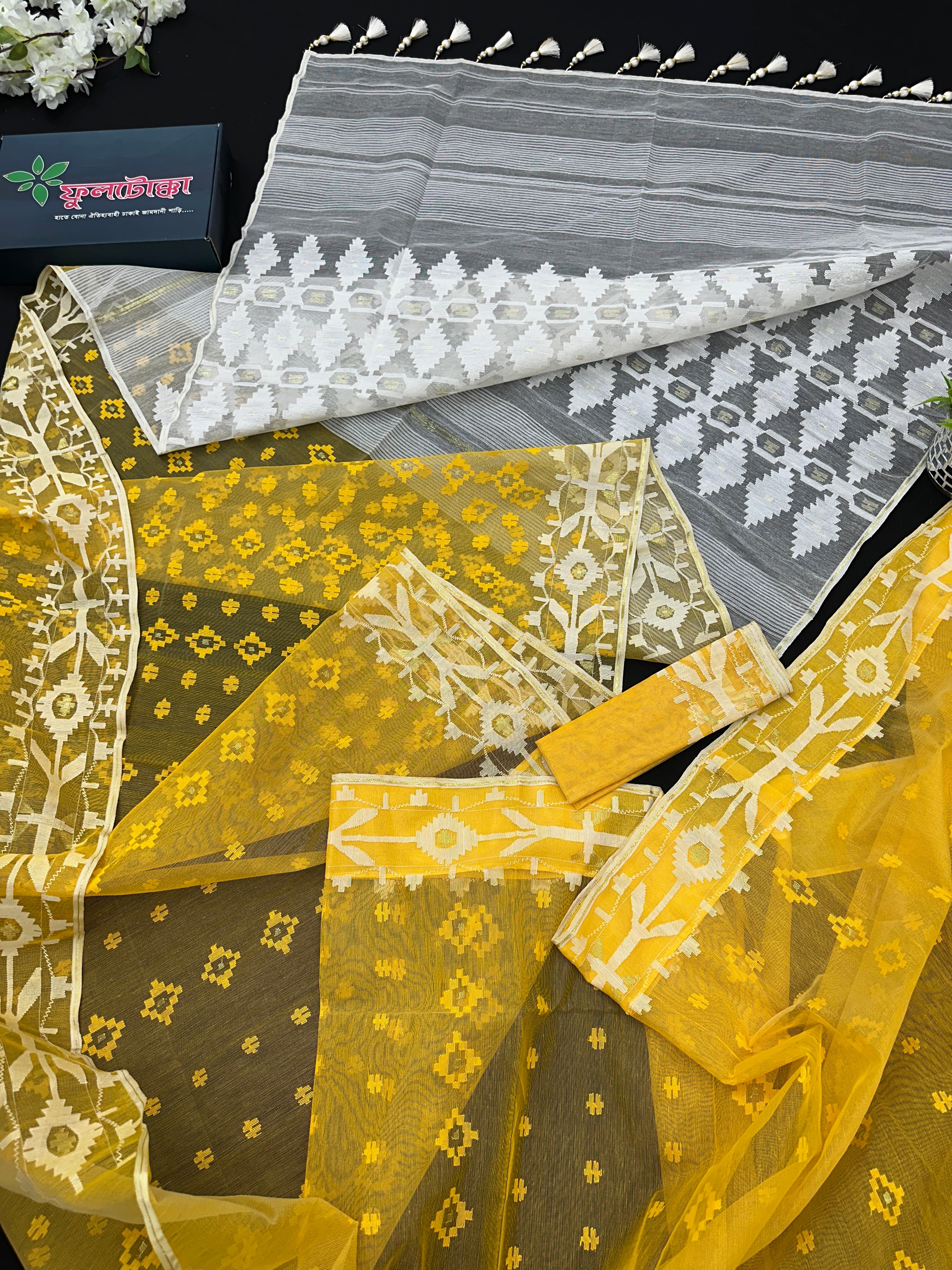 Yellow Original Handloom Halfsilk Dhakai Jamdani Saree With Self Threads Work & White Threads Work