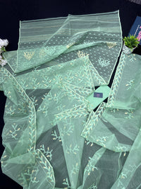 Mint Colour Original Handloom Halfsilk Dhakai Jamdani Saree With Golden Jori Work