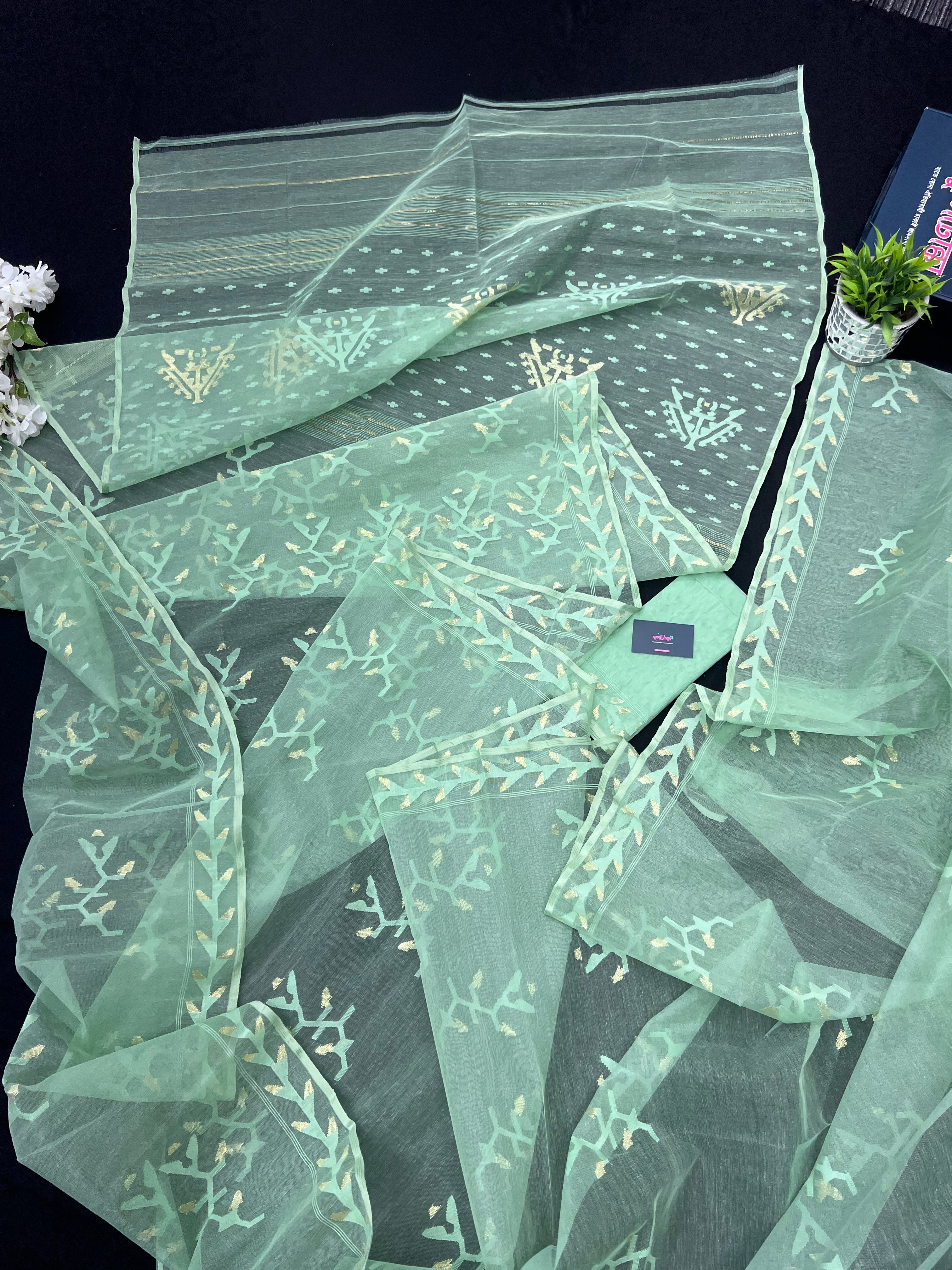 Mint Colour Original Handloom Halfsilk Dhakai Jamdani Saree With Golden Jori Work