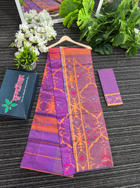 Tripple shaded dual toned halfsilk jamdani saree with orange pink purple threads work