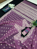 Onion cotton jamdani saree with yellowish threads work all over work.